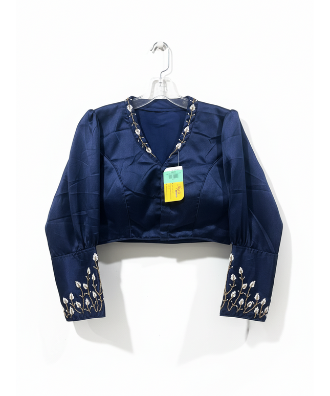 Kurti Connection USA navy blue satin blouse with V-neck and white floral embroidery on cuffs and neckline