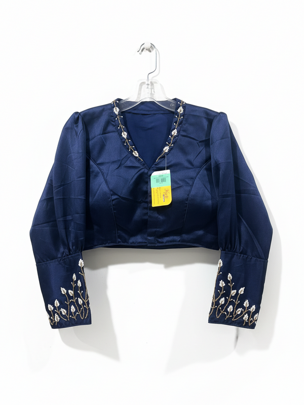Kurti Connection USA navy blue satin blouse with V-neck and white floral embroidery on cuffs and neckline