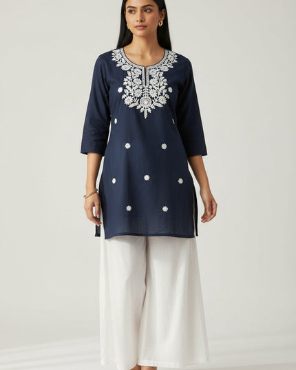 Kurti Connection USA navy blue cotton short tunic with white floral embroidery and three-quarter sleeves