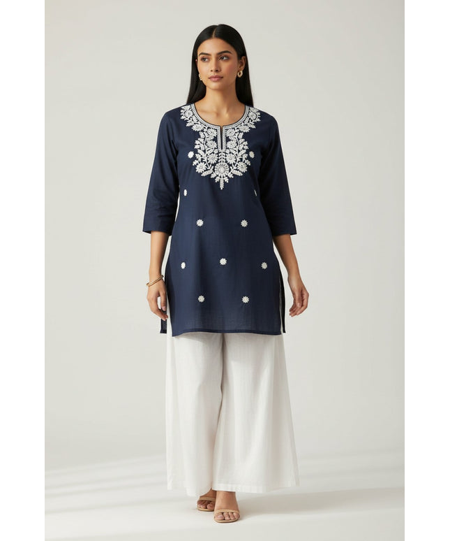 Kurti Connection USA navy blue cotton short tunic with white floral embroidery and three-quarter sleeves