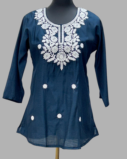 Kurti Connection USA navy blue cotton short tunic with white floral embroidery on the neckline and front
