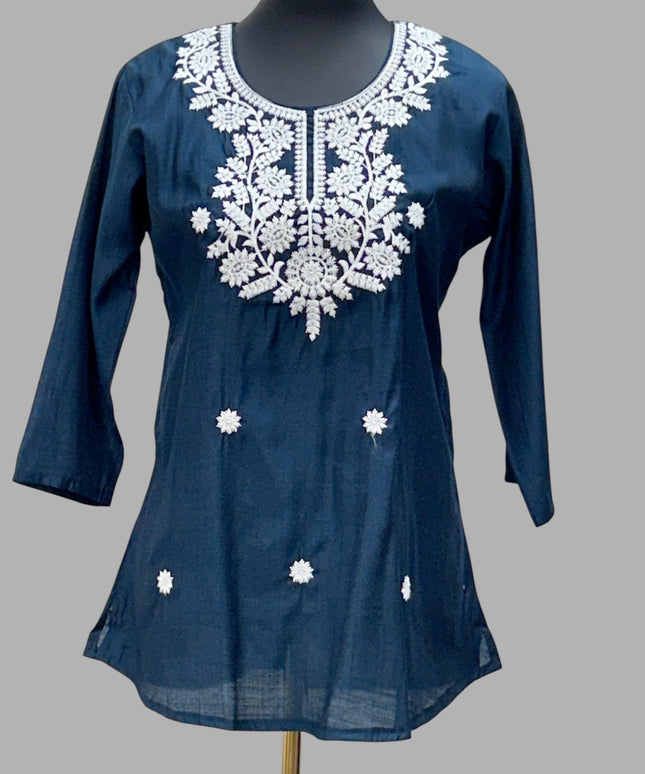 Kurti Connection USA navy blue cotton short tunic with white floral embroidery on the neckline and front
