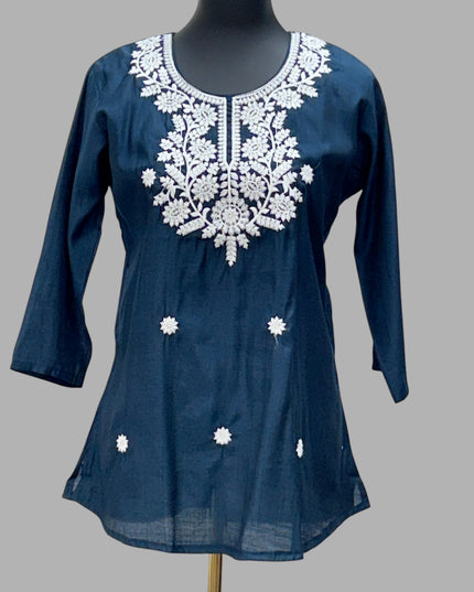 Kurti Connection USA size 40 navy blue cotton tunic with intricate white floral embroidery on the neckline and front.