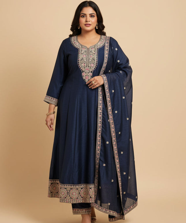 Kurti Connection USA navy blue embroidered kurti set with matching dupatta and trousers on a model