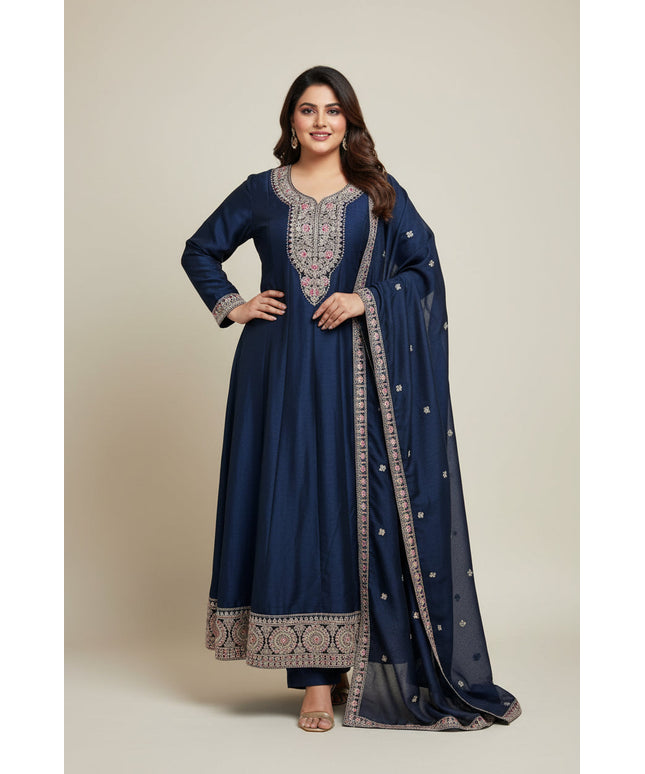 Kurti Connection USA navy blue flared kurti set with multi-colored floral embroidery and matching dupatta