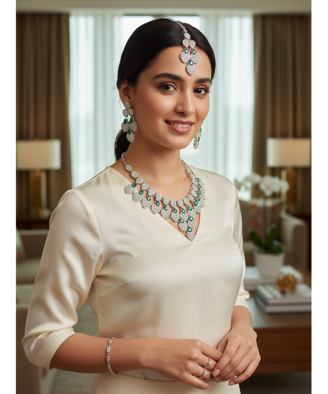 Kurti Connection USA necklace set featuring white stones and green teardrop accents worn by a woman in a cream top