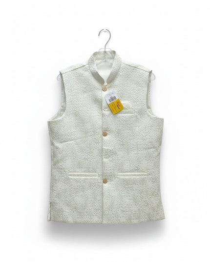 Kurti Connection USA off-white floral embroidered Nehru jacket for men with a structured fit and button closure.