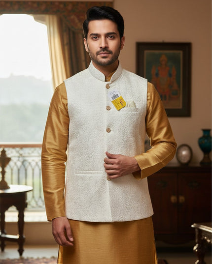 Kurti Connection USA off-white textured Nehru jacket worn over a gold silk kurta by a man in a formal setting.