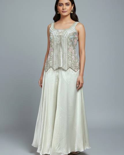 Kurti Connection USA off-white sharara set with sleeveless embroidered tunic, wide-leg trousers, and matching necklace