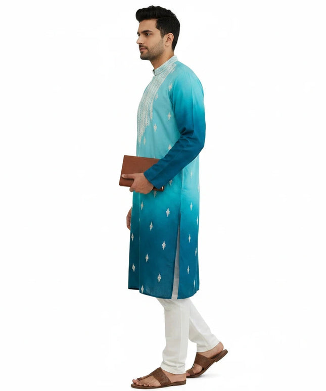 Kurti Connection USA men's ombre turquoise and teal kurta with white embroidery and trousers, side view