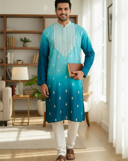 Kurti Connection USA men's ombre turquoise and teal kurta with white embroidery and trousers in a bright room