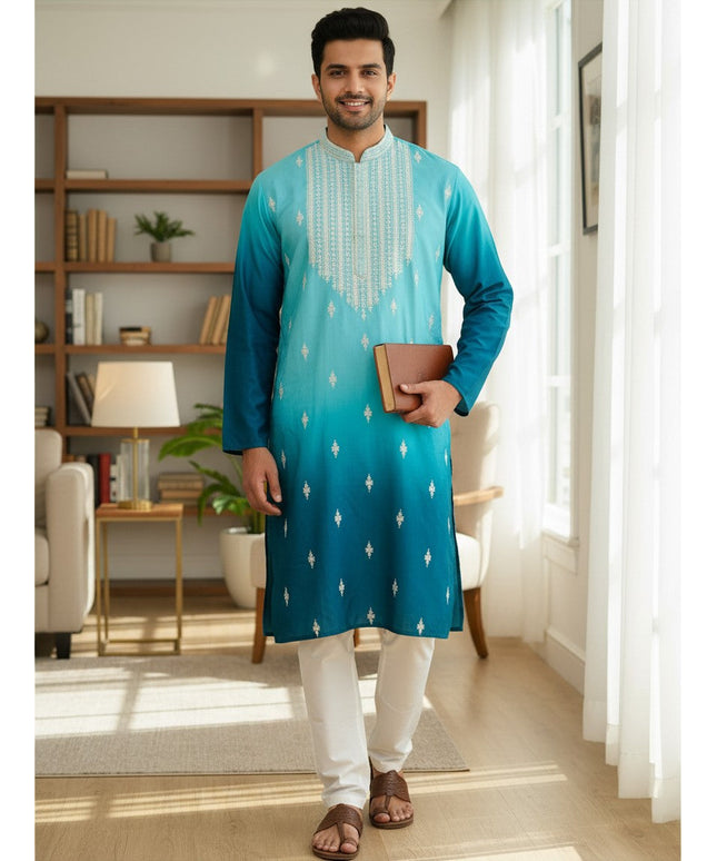 Kurti Connection USA men's ombre turquoise and teal kurta with white embroidery and trousers in a bright room