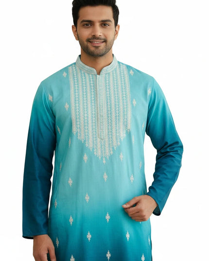 Kurti Connection USA men's turquoise ombre kurta with white floral embroidery and mandarin collar on a male model