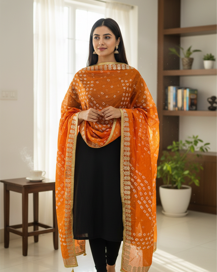 Kurti Connection USA orange Bandhani dupatta with gold patti border worn over a black outfit by a woman