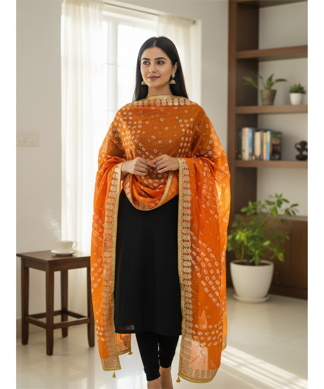 Kurti Connection USA orange Bandhani dupatta with gold patti border worn over a black outfit by a woman