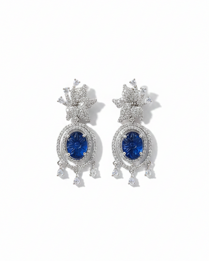 Kurti Connection USA oval blue gemstone dangle earrings with floral cubic zirconia halo and silver setting