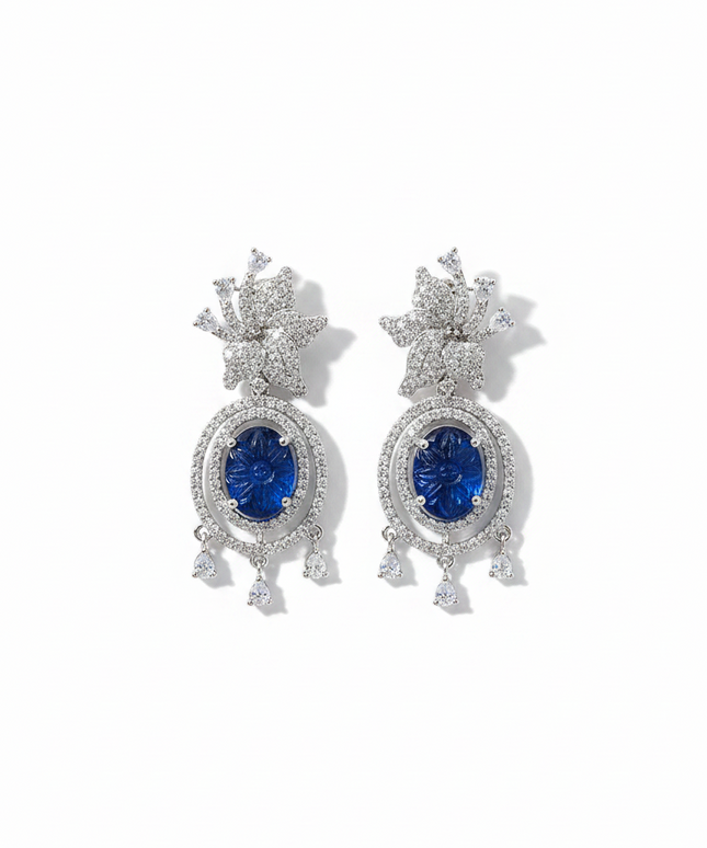 Kurti Connection USA oval blue gemstone dangle earrings with floral cubic zirconia halo and silver setting
