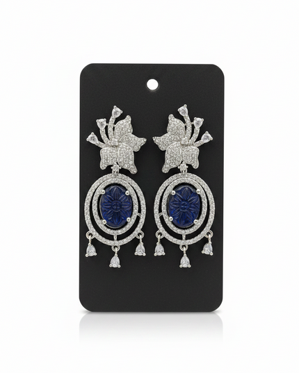 Kurti Connection USA oval blue gemstone dangle earrings with floral cubic zirconia halo and silver-tone setting