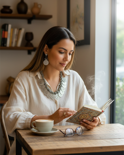 Woman wearing Kurti Connection USA oxidized silver coin necklace and matching earrings while reading in a cafe