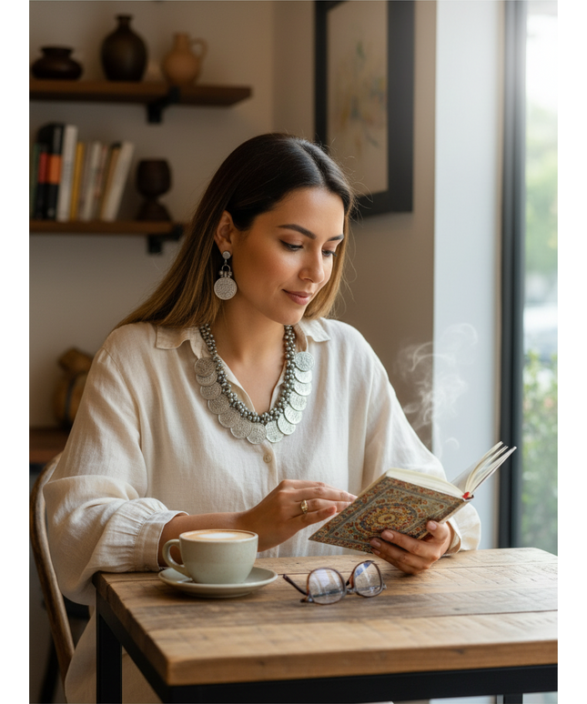 Woman wearing Kurti Connection USA oxidized silver coin necklace and matching earrings while reading in a cafe