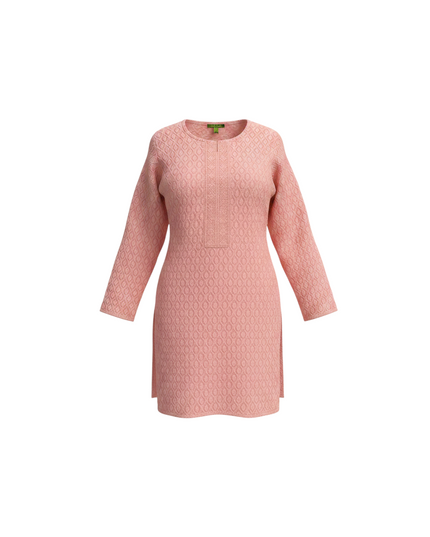 Kurti Connection USA peach kurti top with all-over leaf embroidery and a textured front panel in a relaxed fit.