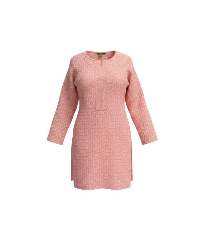 Kurti Connection USA peach kurti top with all-over leaf embroidery and a textured front panel in a relaxed fit.
