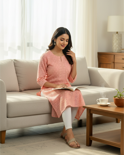 Kurti Connection USA peach kurti top with intricate leaf embroidery and textured front panel worn by a woman