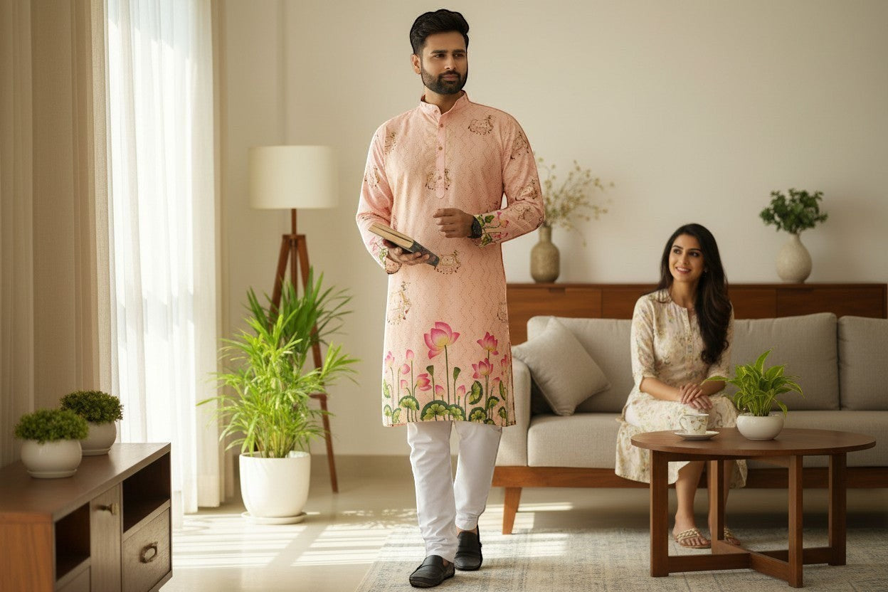 Kurti Connection USA men's peach floral print kurta with white pants. Mandarin collar, button-down front, lotus motif.