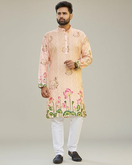 Kurti Connection USA men's peach floral print kurta with mandarin collar and white pants. Lightweight fabric with lotus motif.