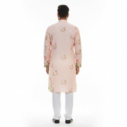 Kurti Connection USA men's light peach floral print kurta with mandarin collar and white pants.