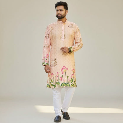 Kurti Connection USA men's peach floral print kurta with white pants. Mandarin collar, button-down front, lotus motif.