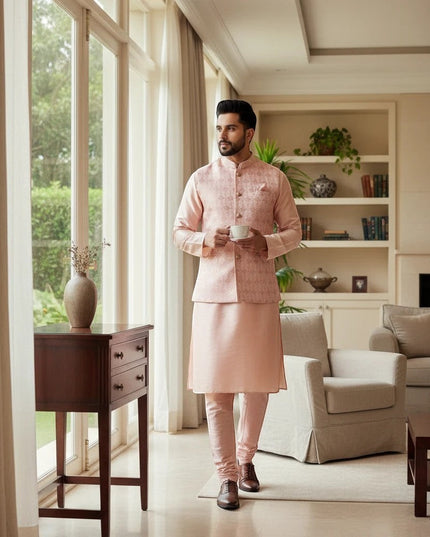 Man wearing a Kurti Connection USA peach kurta set with a patterned Nehru jacket in a bright, elegant living room.