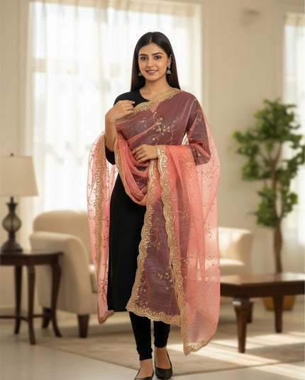Kurti Connection USA tissue silk dupatta in peach with intricate gold sequin embroidery worn over a black outfit