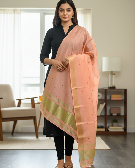 Kurti Connection USA peach cotton silk dupatta with small mirror work and gold zari border worn over a black outfit