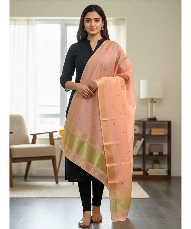 Kurti Connection USA peach cotton silk dupatta with small mirror work and gold zari border worn over a black outfit