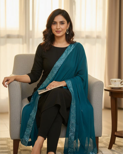 Kurti Connection USA peacock blue dupatta with a shimmering sequin border draped over a black ethnic outfit
