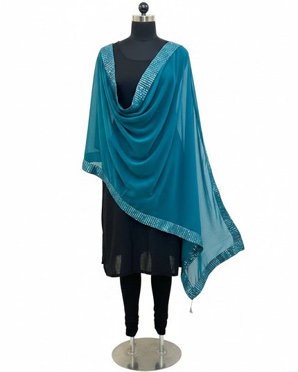 Kurti Connection USA peacock blue dupatta with a shimmering sequin border draped over a black mannequin