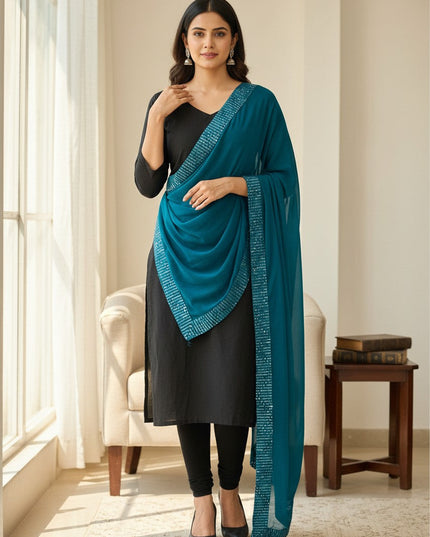 Kurti Connection USA peacock blue dupatta with sequin border draped over a black kurta on a woman