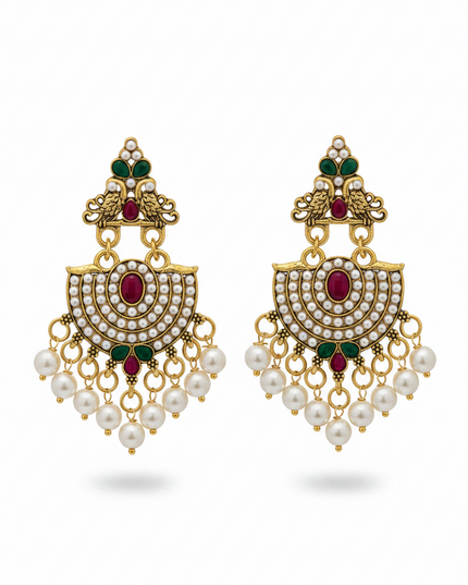 Kurti Connection USA gold-toned traditional chandelier earrings with white pearls, green and red stones