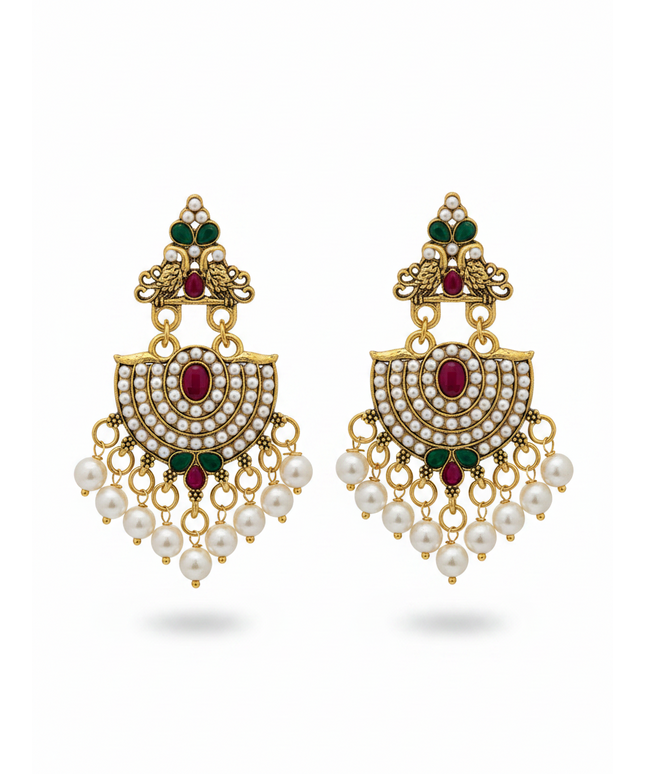 Kurti Connection USA gold-toned traditional chandelier earrings with white pearls, green and red stones