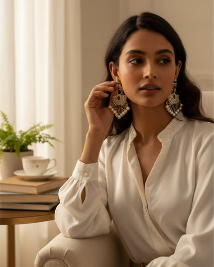 Kurti Connection USA pearl earrings featuring intricate gold-tone filigree, red and green stones, and hanging beads.