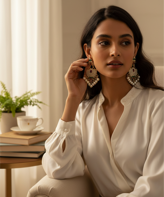 Kurti Connection USA pearl earrings featuring intricate gold-tone filigree, red and green stones, and hanging beads.