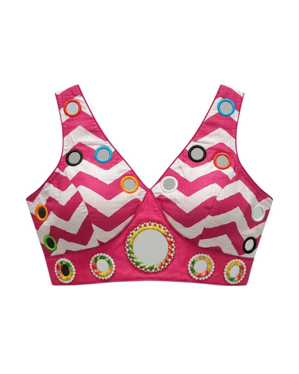 Kurti Connection USA sleeveless crop top blouse with pink and white chevron pattern and colorful mirror work detail.