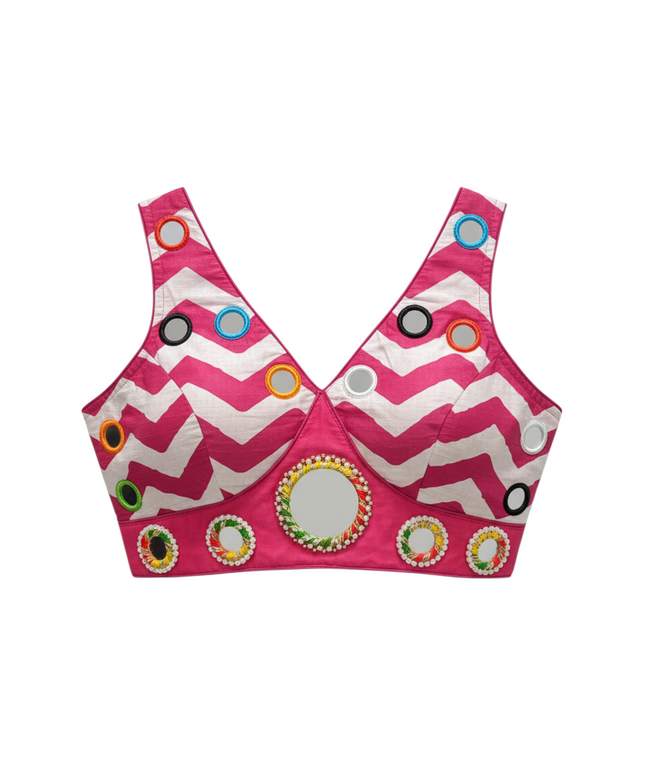 Kurti Connection USA sleeveless crop top blouse with pink and white chevron pattern and colorful mirror work detail.