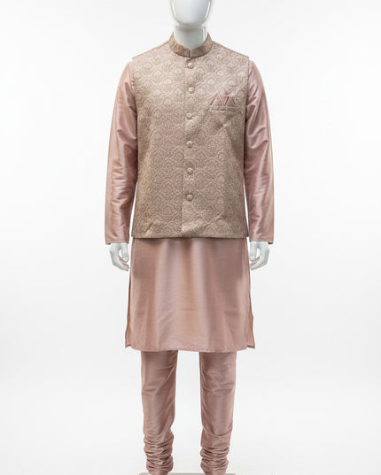 Kurti Connection USA pink kurta set featuring a sleeveless jacket with intricate embroidery and matching trousers