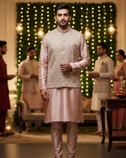 Kurti Connection USA pink kurta set with embroidered jacket and matching pants worn by a man in a festive setting.
