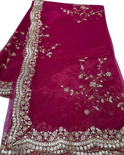 Kurti Connection USA deep pink tissue silk dupatta featuring intricate gold sequin embroidery and scalloped borders.