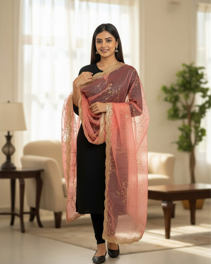 Kurti Connection USA tissue silk dupatta in dusty pink with intricate gold sequin embroidery worn over a black outfit