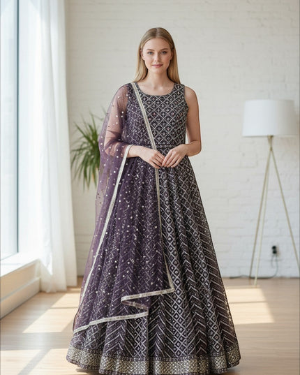 Kurti Connection USA sleeveless plum Anarkali gown with geometric embroidery, sequin work, and a matching sheer dupatta
