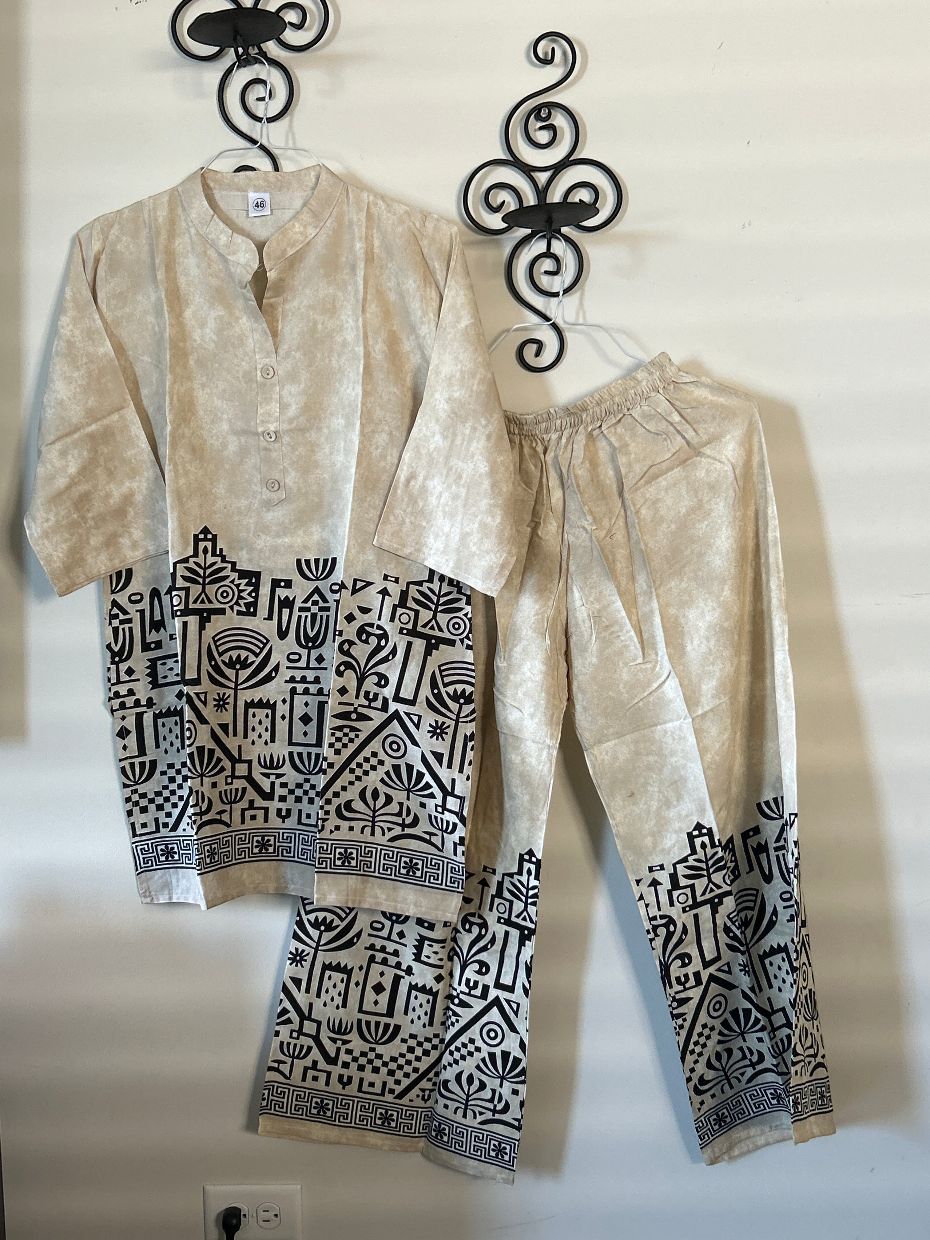 Kurti Connection USA beige kurti and pant set with black geometric and botanical print on the hem